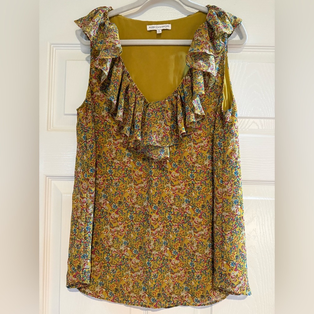 Rebecca Minkoff Olive color Paisley Ruffle neck Sleeveless Blouse top small